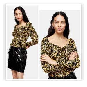 Topshop Ruched Sleeve Animal Print Peplum Ruffle Puffy Sleeve Top Blouse S 12